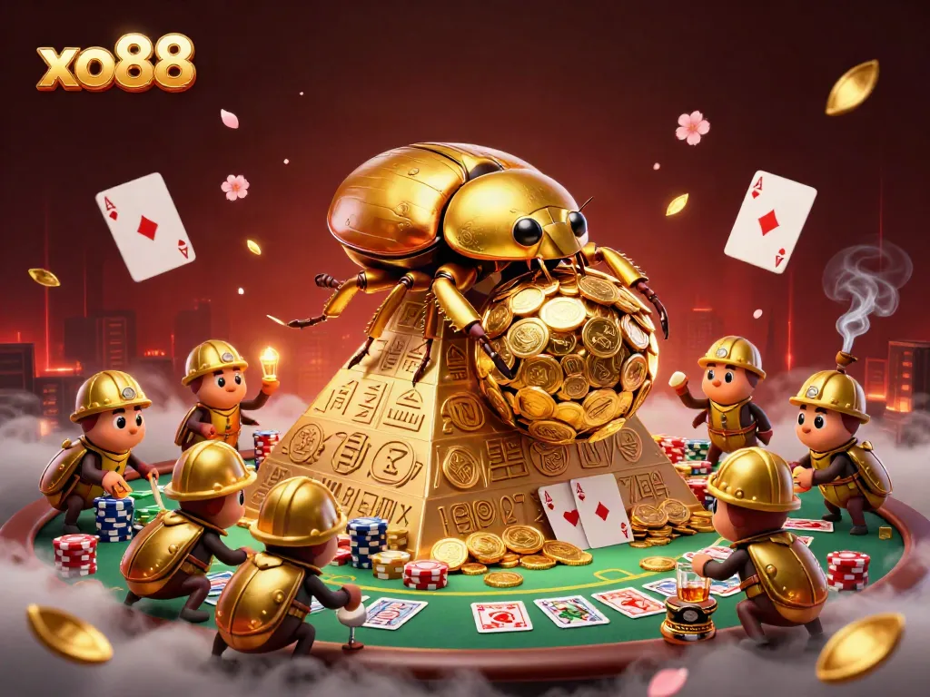 Join the excitement at xo88 with a golden beetle rolling coins amidst colorful poker chips and cards.