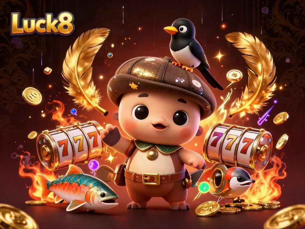 Engage in exciting gameplay at Luck8, featuring a charming cartoon Nessie and gold-themed elements.