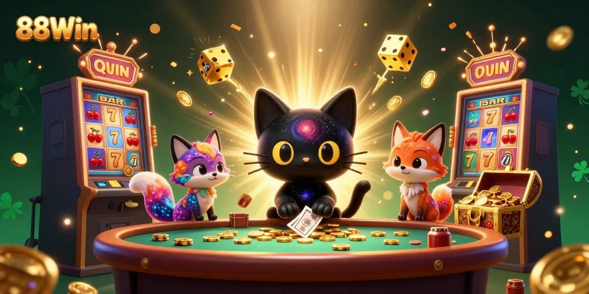 Experience the thrill of 88Win with an engaging cosmic casino scene featuring a black hole cat and colorful fox companions.