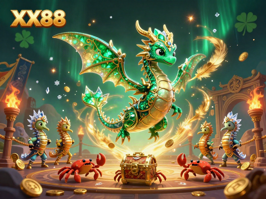 Participate in thrilling gaming experiences with XX88, featuring vibrant sea dragon and treasure amidst casino elements.