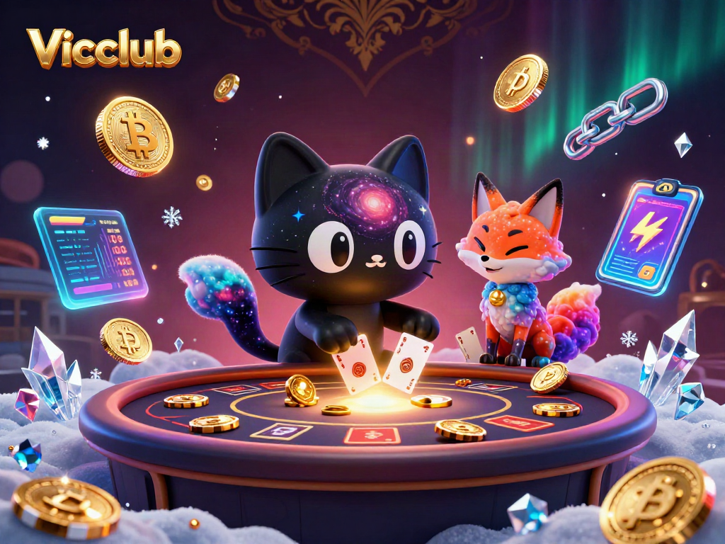 Engage with Vicclub's cosmic gaming experience featuring surreal characters and crypto elements.