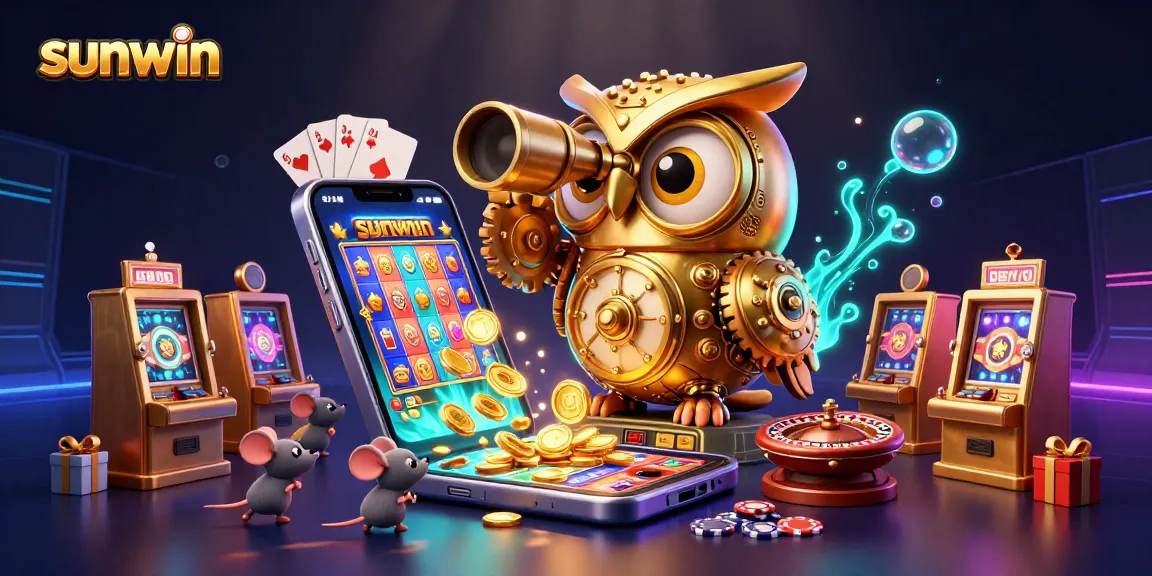Unleash your luck at sunwin with a vibrant casino illustration featuring a golden owl and slot machine action.