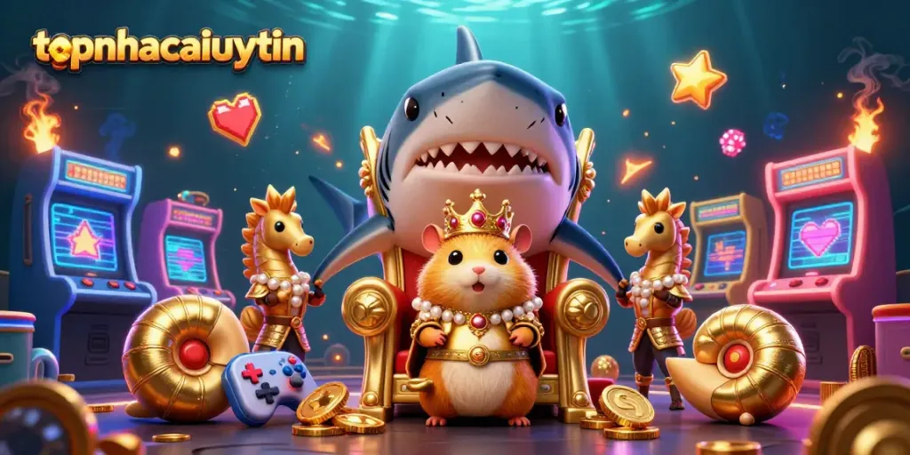 Engage with topnhacaiuytin's vibrant casino scene featuring a golden hamster king and dynamic arcade elements.