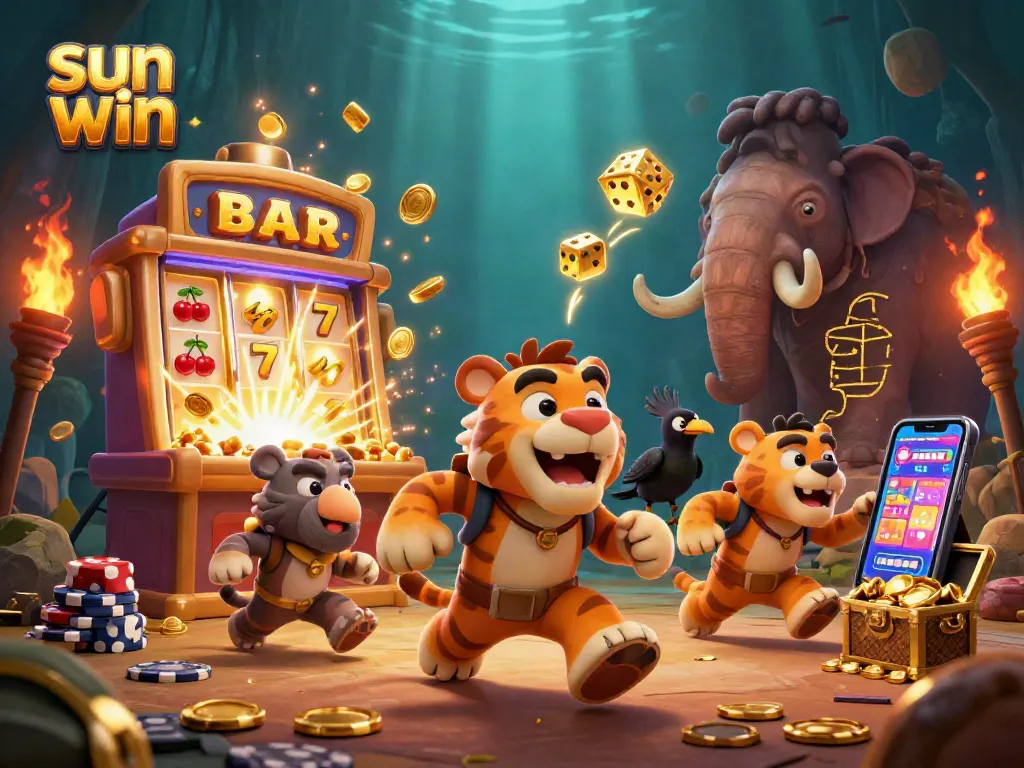 Experience the vibrant excitement of sun win with a lively prehistoric casino scene featuring unique characters and dynamic game elements.