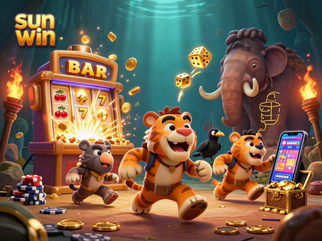 Experience the vibrant excitement of sun win with a lively prehistoric casino scene featuring unique characters and dynamic game elements.