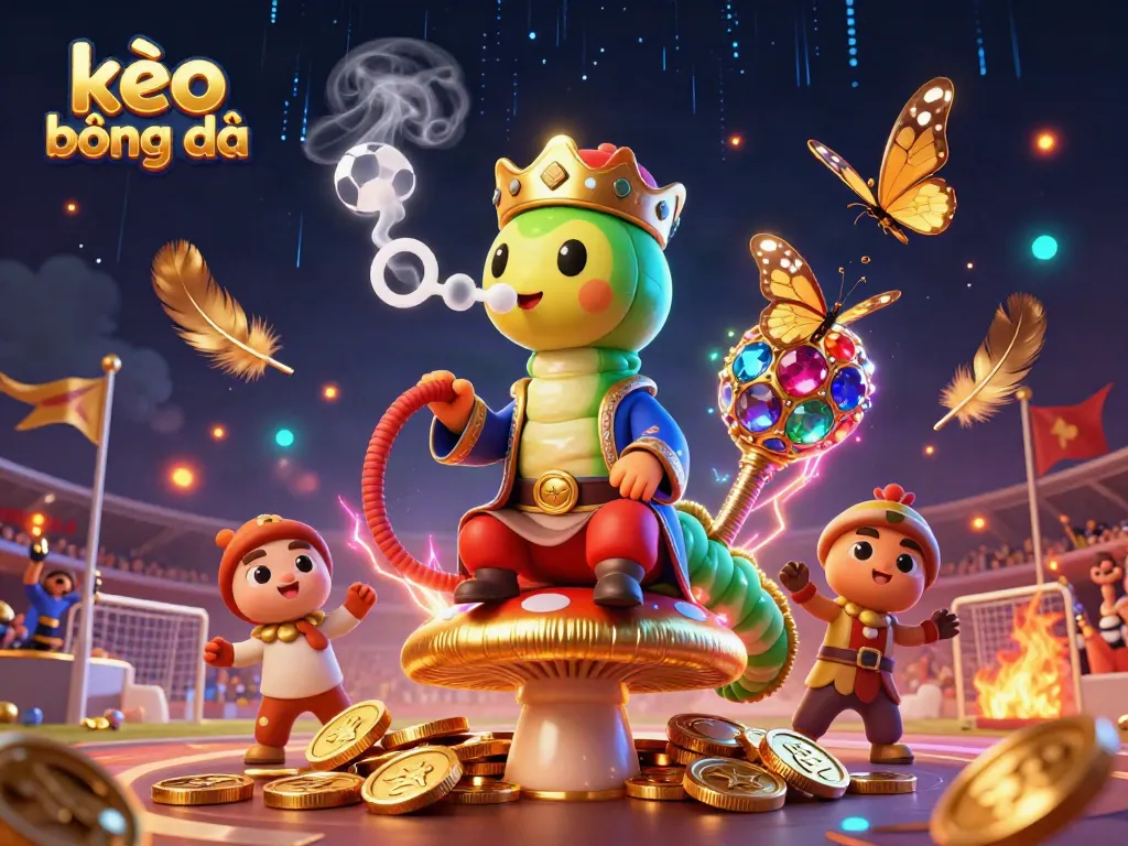 Engage in kèo bóng đá excitement with a 3D caterpillar master surrounded by dynamic soccer elements and vibrant effects.