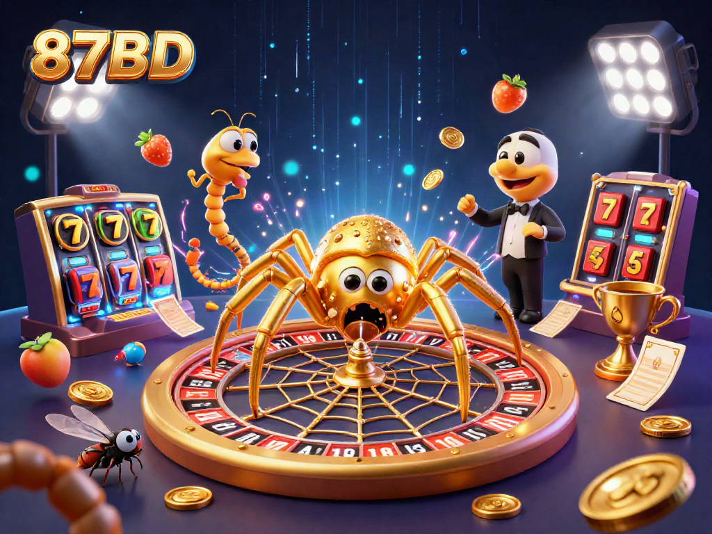 87BD offers thrilling slots action with a golden spider web and animated casino elements.