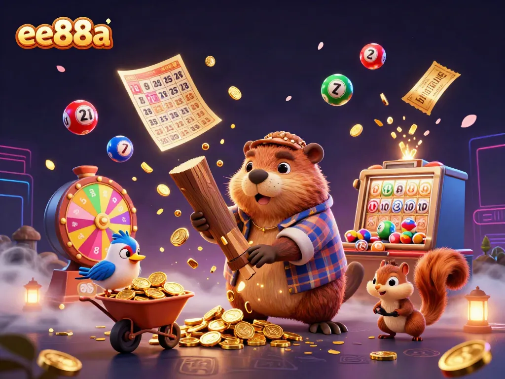 ee88a engages players with dynamic lottery gameplay and exciting casino elements in a vibrant cartoon scene