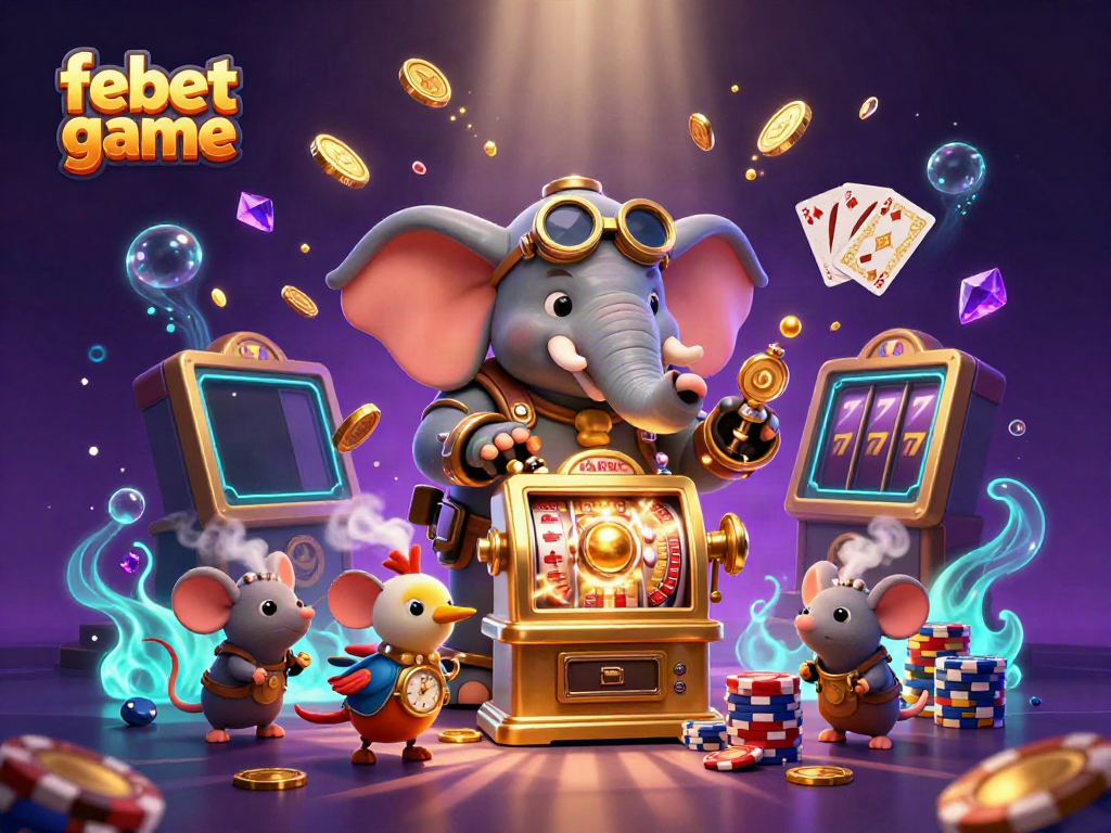 Experience the excitement of febet game with a steampunk elephant operating a slot machine filled with sparkling gems and coins.