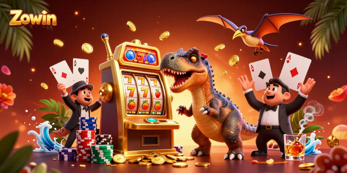 Zowin illustrates a thrilling jackpot scene with cartoon dinosaurs in an engaging casino environment.