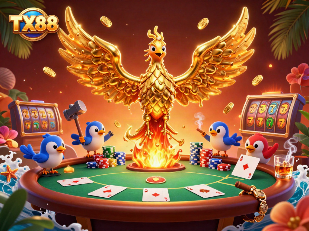 Engage with TX88's thrilling poker experience featuring a molten gold phoenix amidst dynamic casino elements.