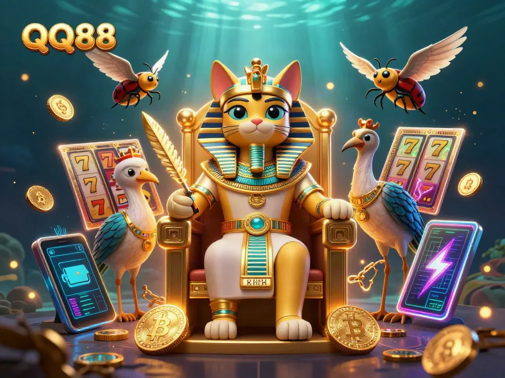 Engage with QQ88's vibrant casino world featuring a cartoon pharaoh cat and dynamic jackpots.