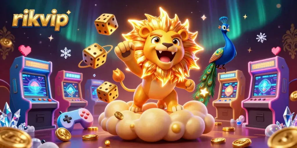 Engage with rikvip in an animated casino scene featuring a lion, dice, and vibrant game elements.