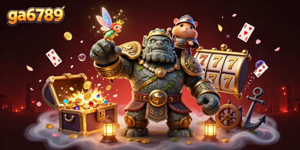 Play thrilling slots with ga6789 while surrounded by magical characters and casino elements.