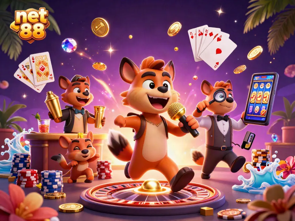 Experience thrilling moments at net 88 with hyenas in a colorful casino scene featuring dynamic gaming action.