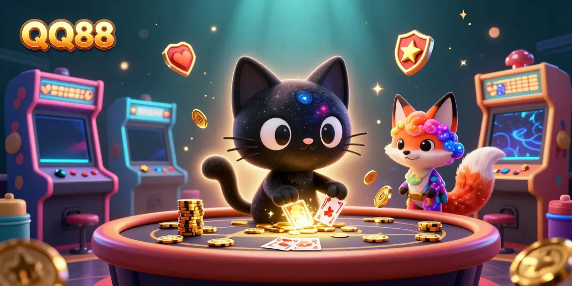 Experience QQ88 with a black hole cat and nebula fox at a cosmic casino table, pulling in chips and cards.