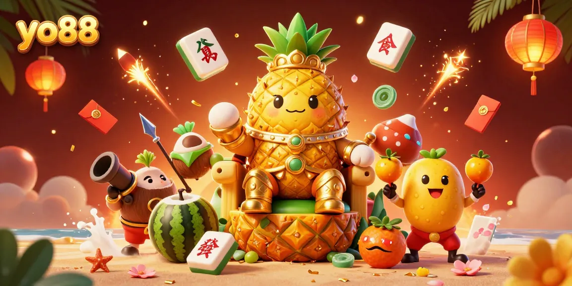 Experience the excitement of yo88 with golden themed characters and festive decorations in a fun casino setting.