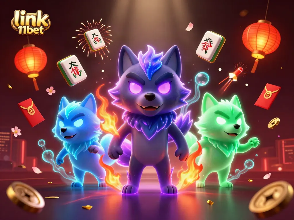 Place your bets with link 11bet in this 3D illustration featuring wolves and casino elements.