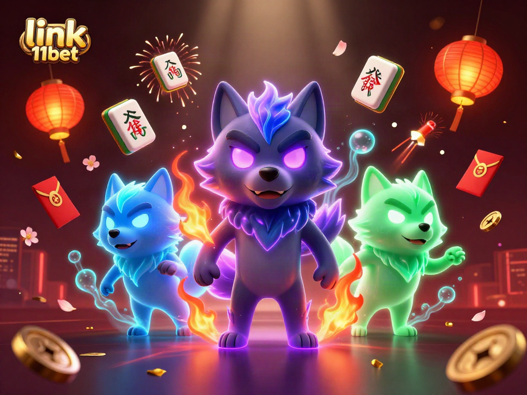 Place your bets with link 11bet in this 3D illustration featuring wolves and casino elements.