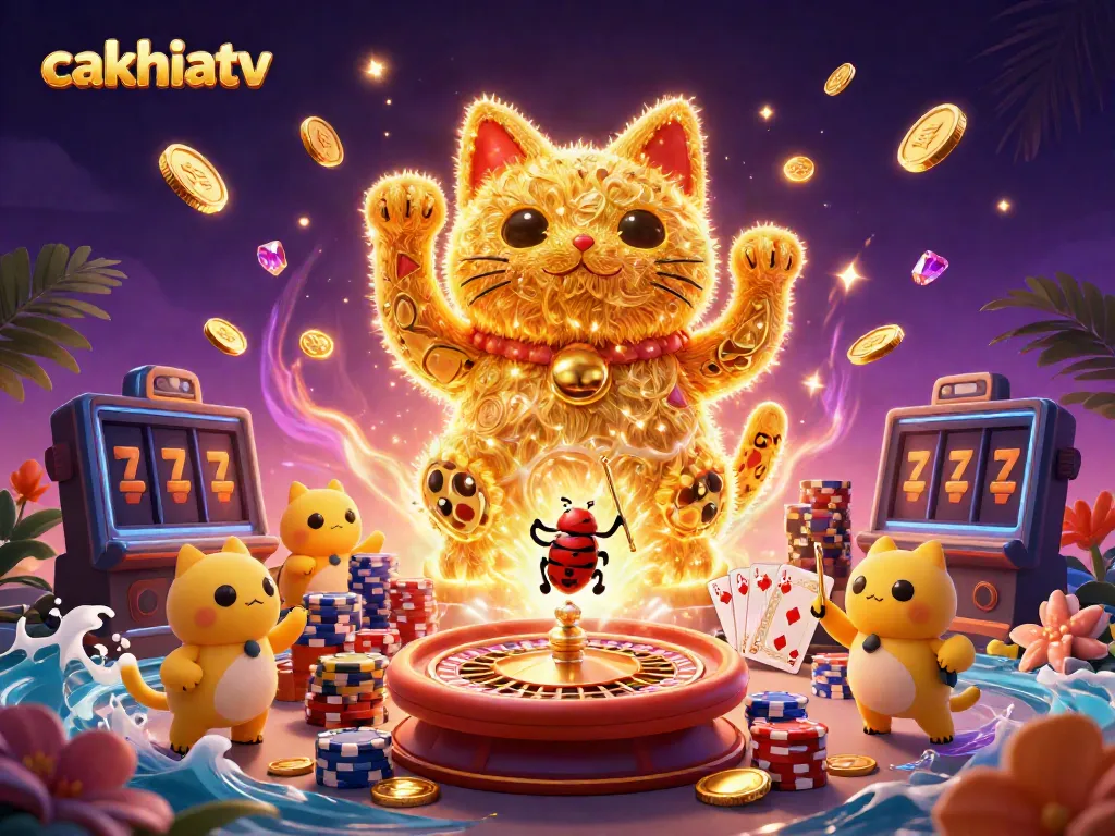 Experience exciting gambling action with cakhiatv's vibrant lucky cat and dynamic casino symbols.