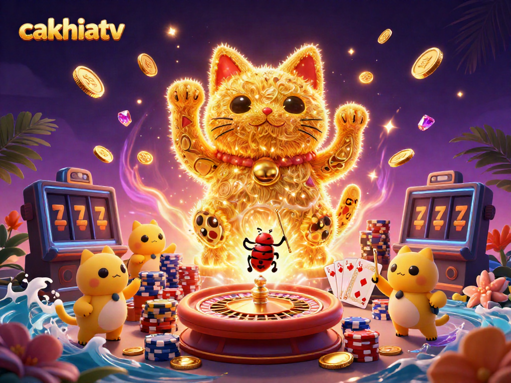 Experience exciting gambling action with cakhiatv's vibrant lucky cat and dynamic casino symbols.