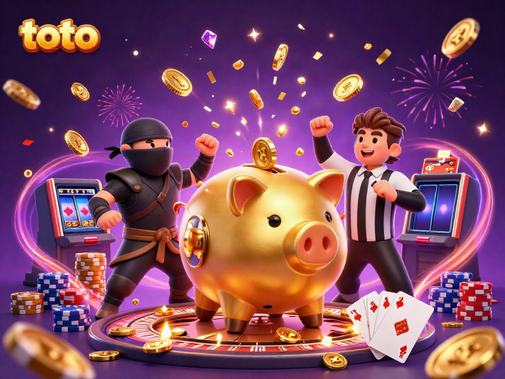 Engage in casino excitement with a dynamic toto-themed illustration featuring a sumo wrestler, ninja, and samurai amidst golden coins and gaming elements.