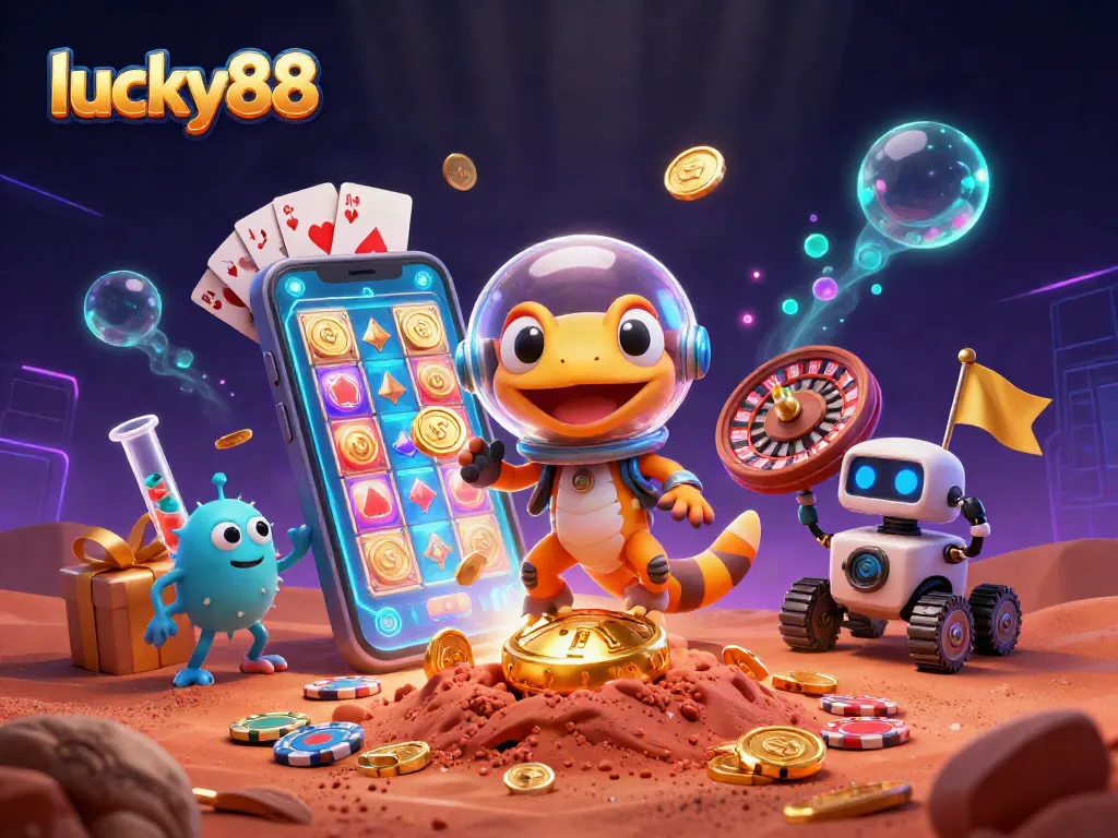 Experience thrilling gameplay at lucky88 as a Martian gecko uncovers a golden casino amongst vibrant digital elements.