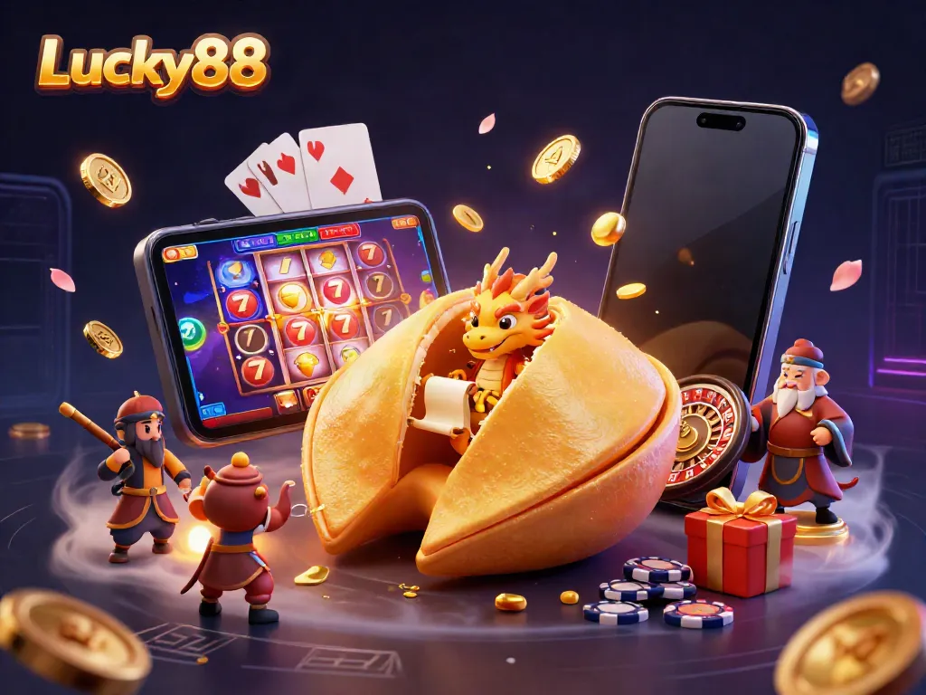 Experience thrill at Lucky88 with vibrant casino imagery featuring slot games and fortune elements.