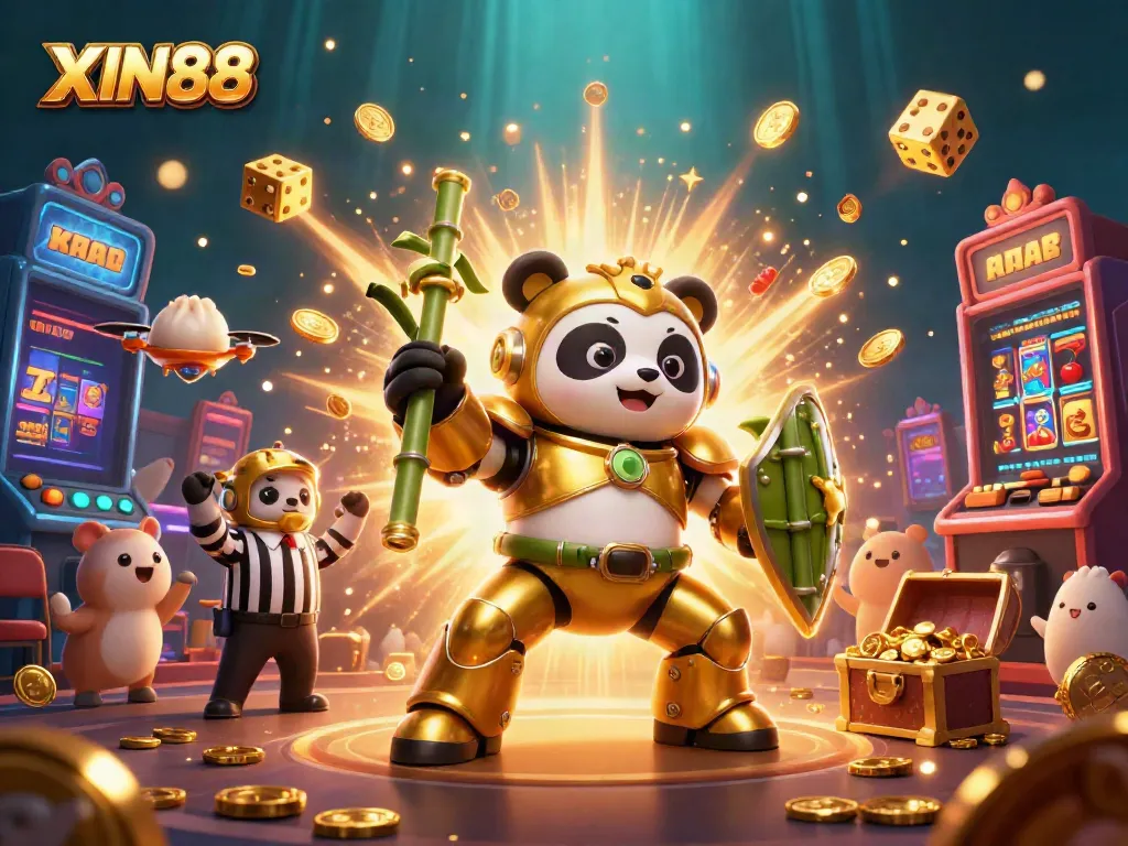 XIN88 showcases thrilling casino excitement with a golden panda robot amid dazzling slot machine displays.
