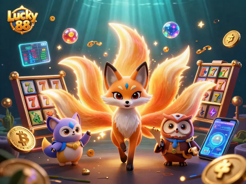 Experience the thrill of Lucky 88 with vibrant slot elements and a mystical fox spirit.