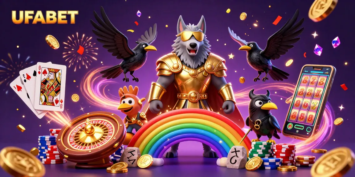 Experience the excitement of UFABET with vibrant casino characters and elements in a dazzling environment.