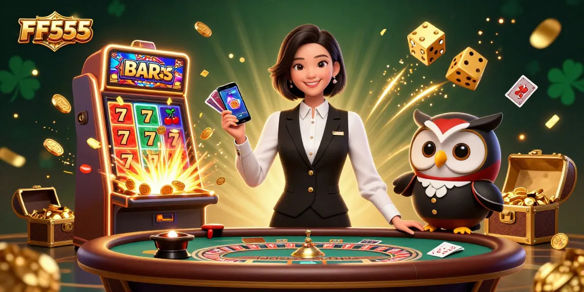Experience the thrill of FF555 with an elegant dealer and vibrant gaming elements in a captivating casino scene.