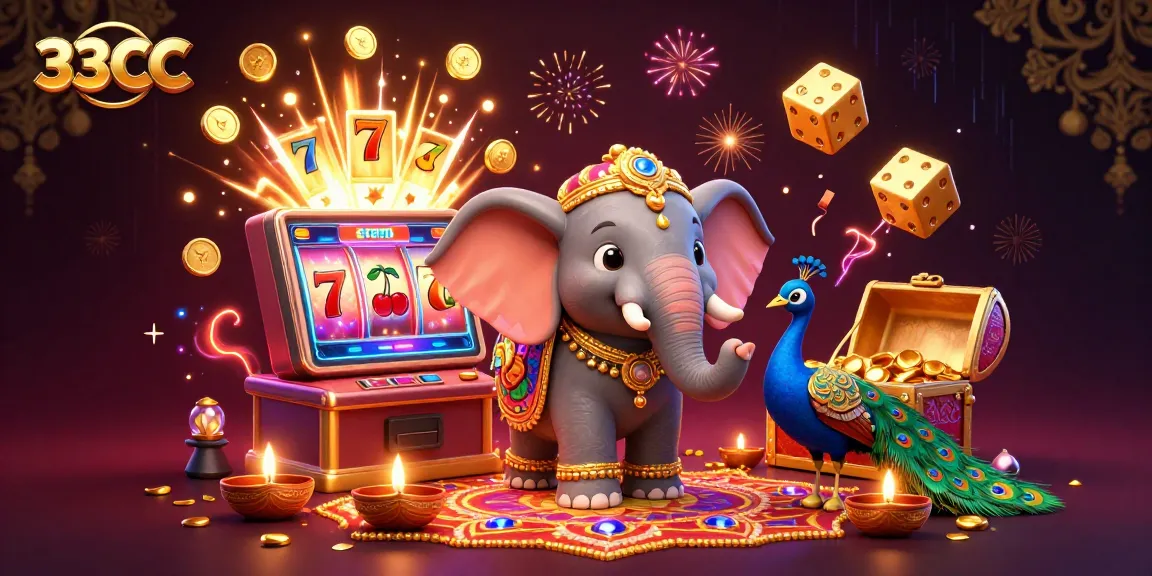 Experience the thrill of winning at 33CC with vibrant casino elements and festive designs in a dynamic scene.