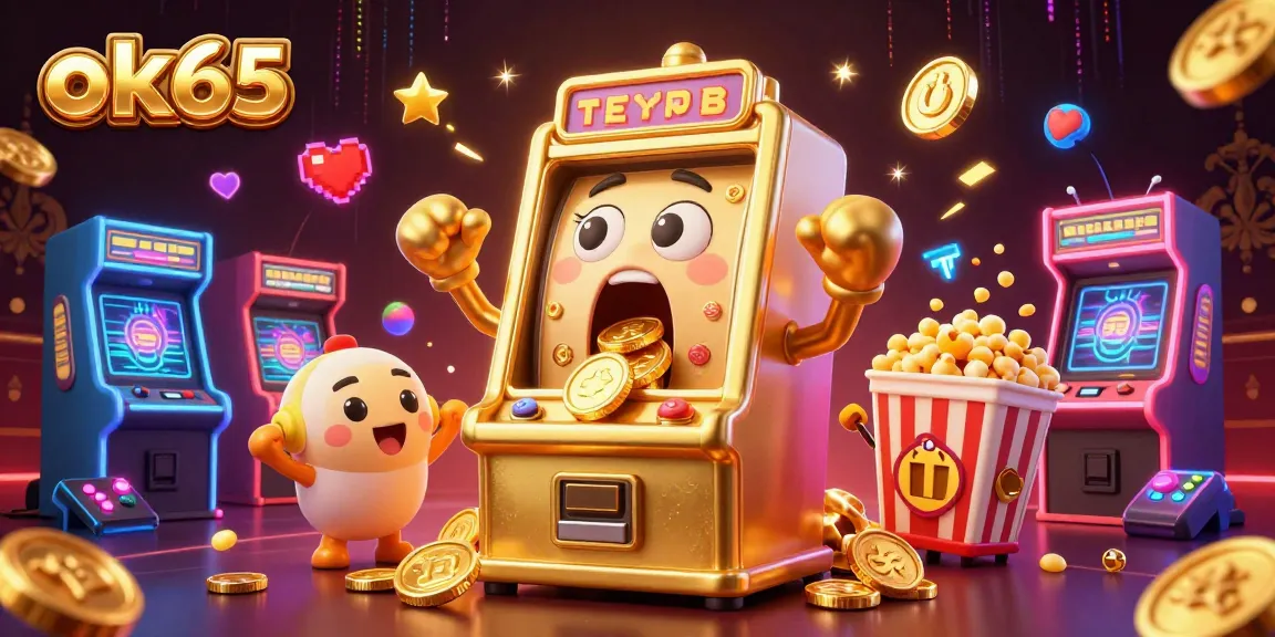 Engage with the exhilarating world of ok65 as a golden slot machine hits a jackpot amidst cheerful baby machines and a popcorn sidekick.