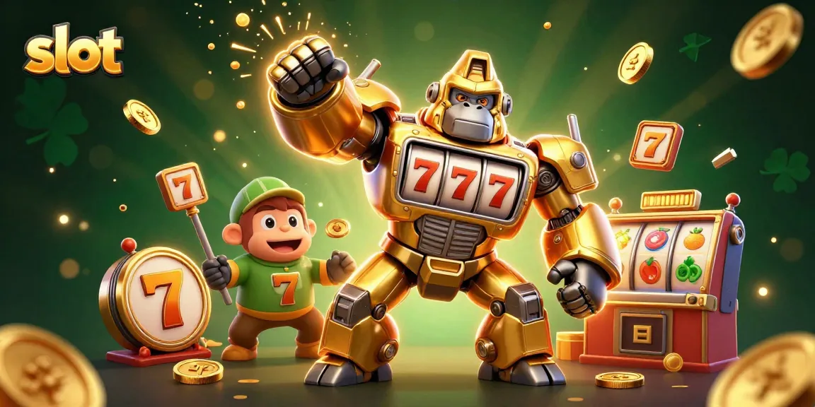 Experience thrilling slots action with a golden gorilla mech bursting with winning coins and symbols.