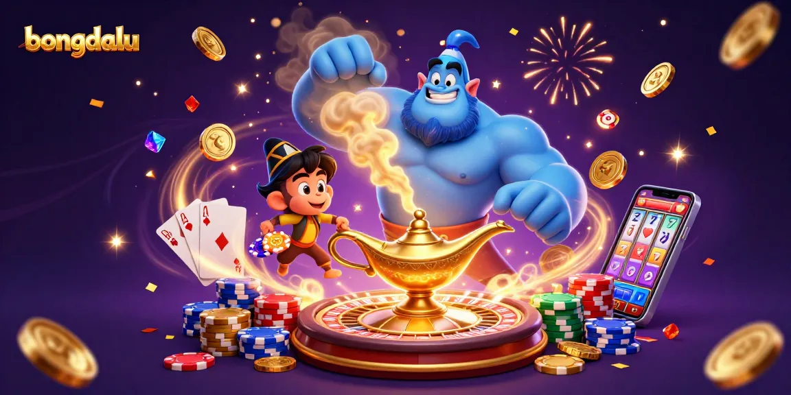 Experience the excitement of Bongdalu with a vibrant casino scene featuring a genie and playful elements.