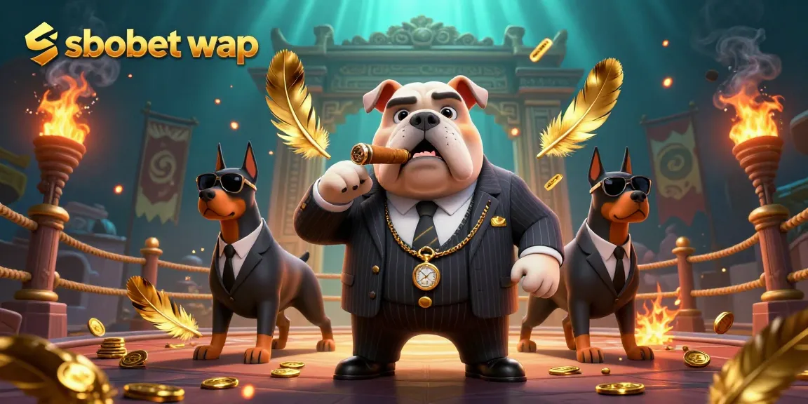 Engage with sbobet wap as a bulldog mafia boss in a vibrant casino scene surrounded by golden tokens.