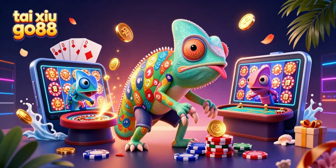 Tai xiu go88 chameleon casino owner catching golden coins in a vibrant casino scene.