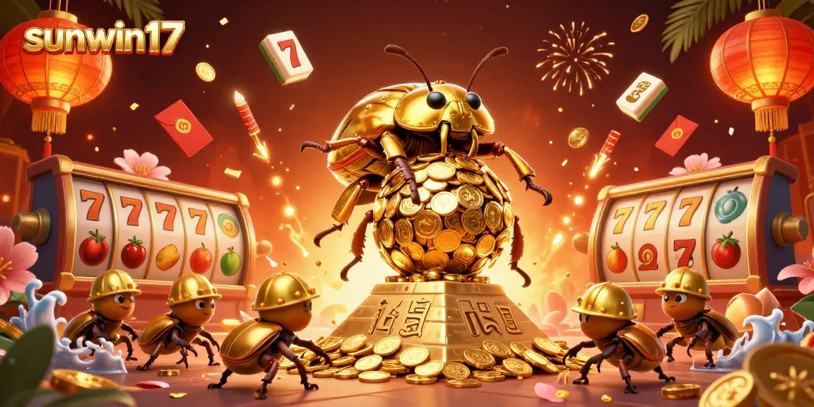 Experience winning at sunwin17 with a golden dung beetle rolling coins in a vibrant casino scene.