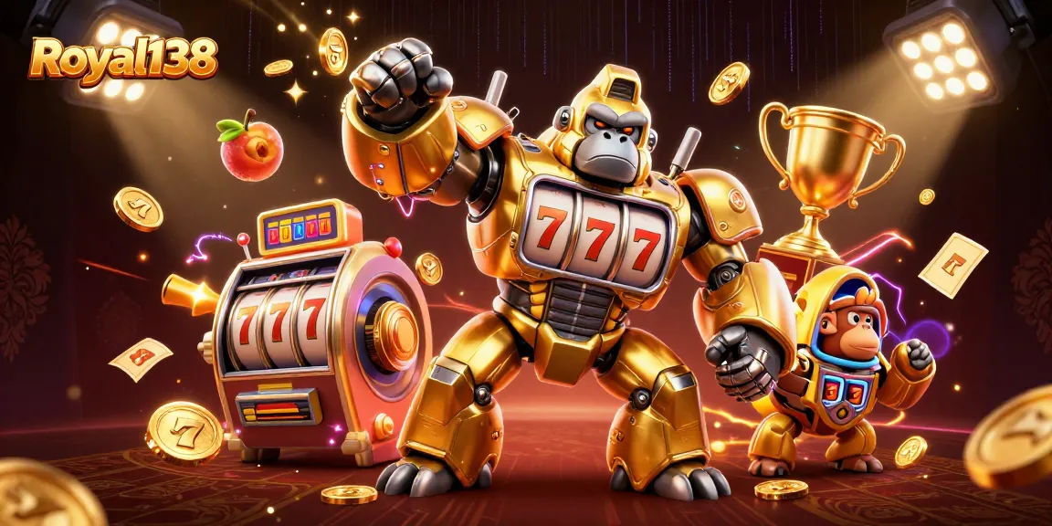 Permainan mengasyikkan di Royal138 dengan mesin slot yang berkilau dan karakter mecha.
