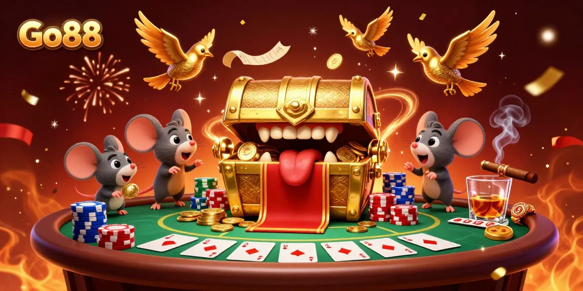 Experience thrilling play at Go88 with adventurous mice and a treasure chest, rich in casino elements.