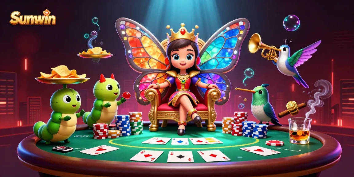 Sunwin brings excitement with a vibrant casino scene featuring poker chips and a butterfly queen.