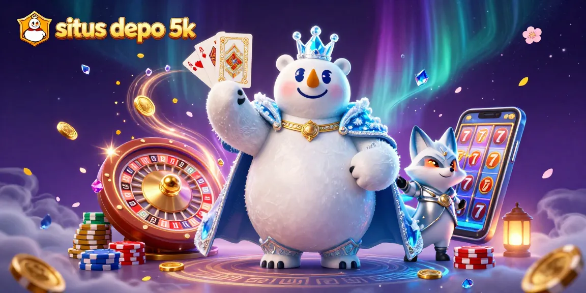 Experience winning thrills at situs depo 5k with cartoon polar bear and snow fox surrounded by casino elements.