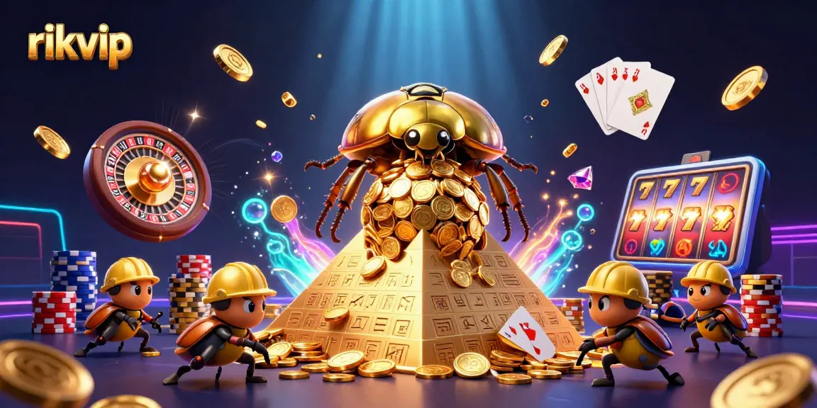 Experience thrilling online gaming at rikvip with vibrant visuals of casino elements and gold.