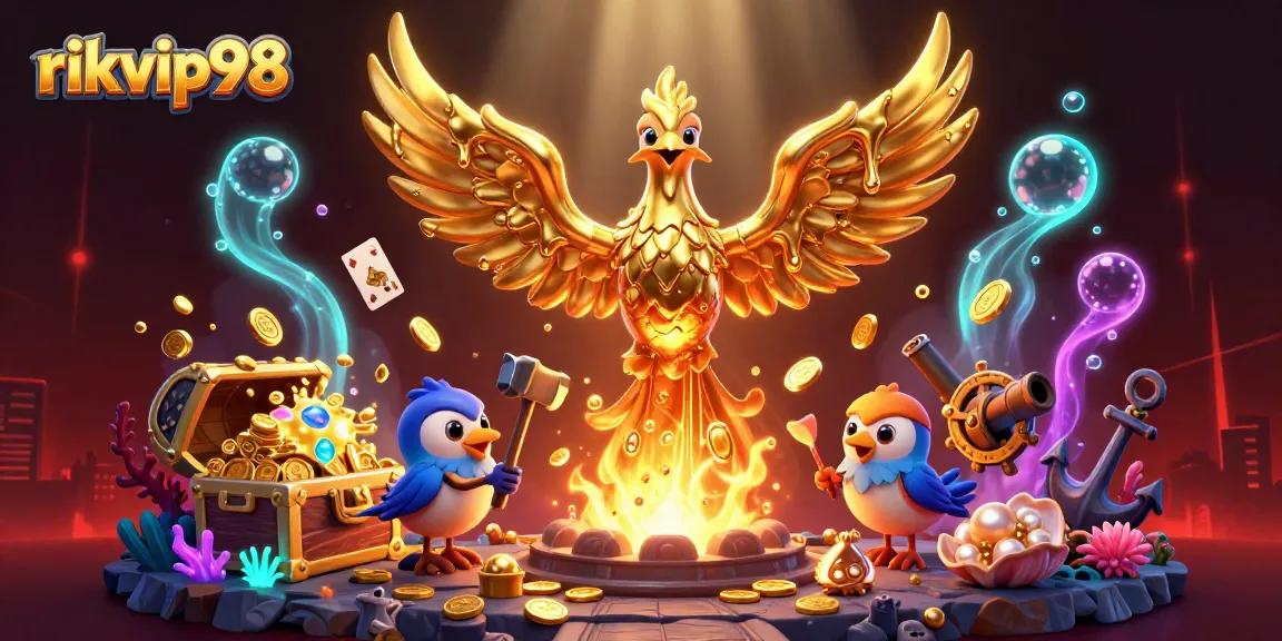Engage in winning strategies at rikvip98 with animated golden phoenix and vibrant gambling elements.