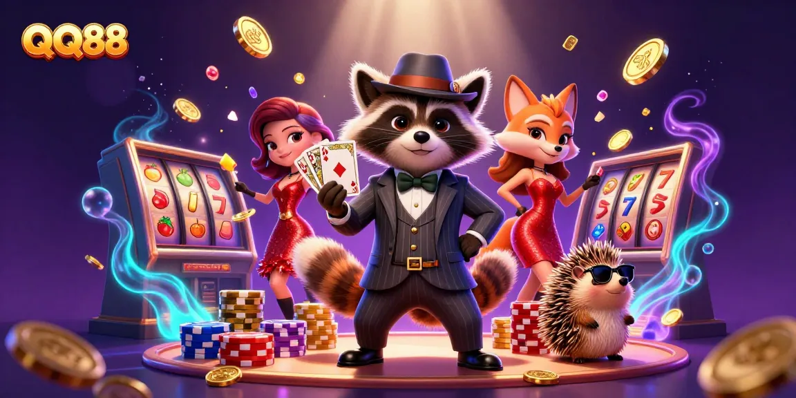 Experience the excitement at QQ88 with dynamic casino characters and vibrant gambling elements.